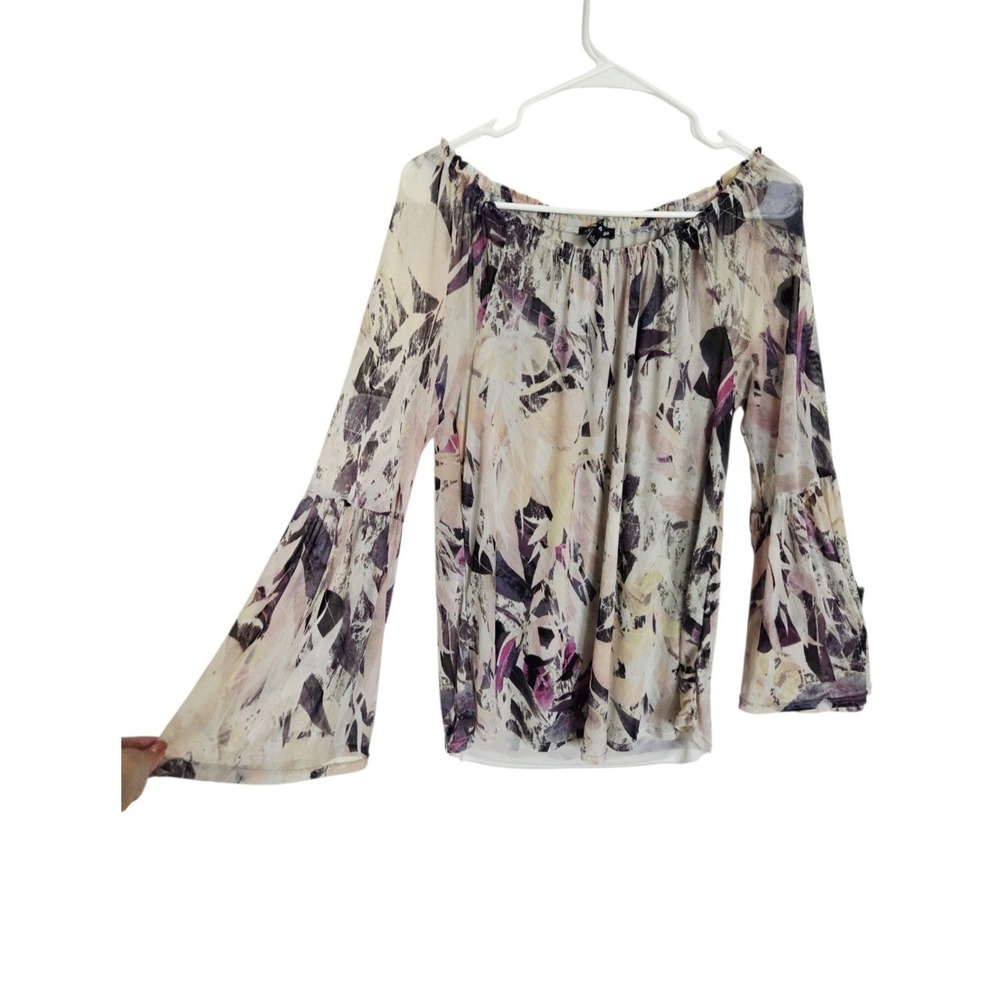 Floral Semi-sheer Mesh Bell Sleeve Blouse L Y2K Boho Top Fairy Whimsy Festival